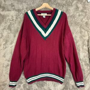 Vintage V Neck Cable Knit Sweater Collegiate Tennis Country Club XL Preppy